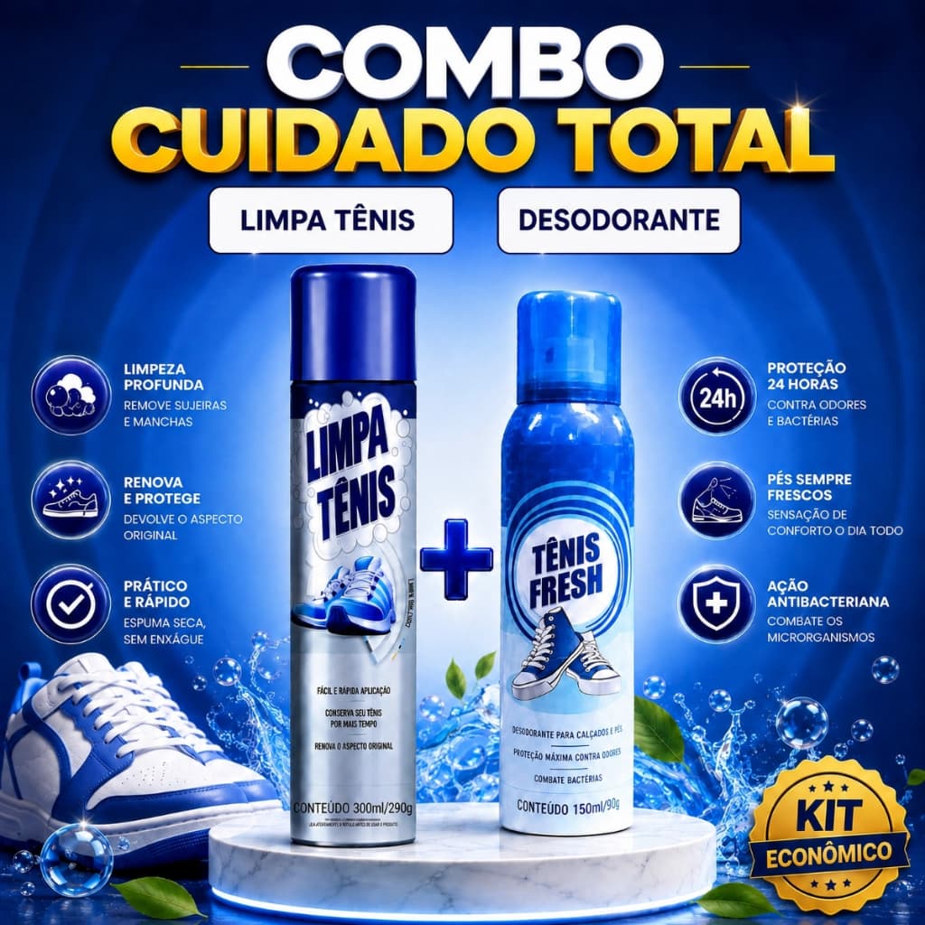 Kit Limpeza Premium Limpa Tênis/Desodorante Pés Remove Manchas Limpeza a Seco Proteção Antibacteriana Anti Odor
