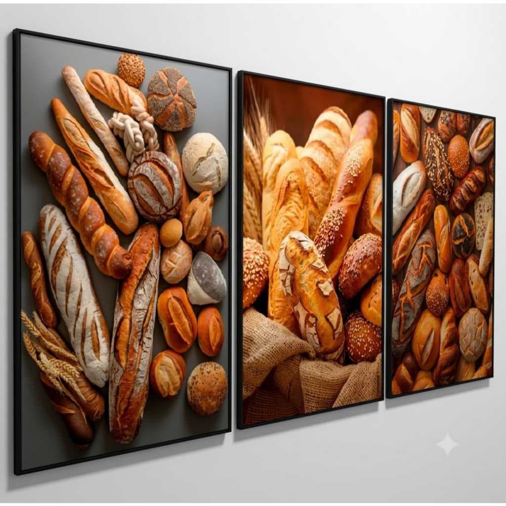 kit de quadros decorativos para padarias confeitarias paes na cesta 3 peças