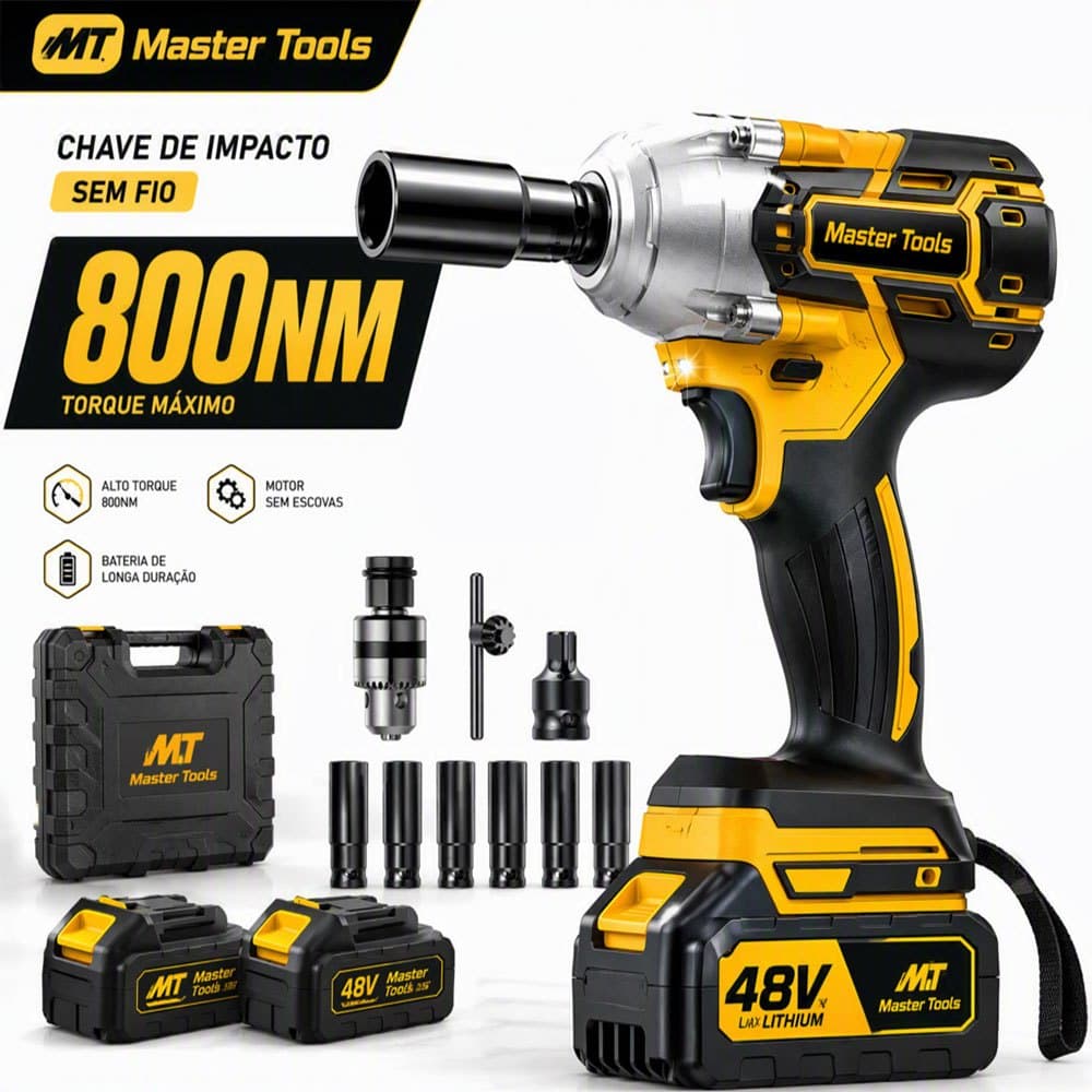 Chave de Impacto 48V 800Nm com 2 Baterias e Adaptador para Brocas, Maleta Plástica para Ferramentas Uso Profissional