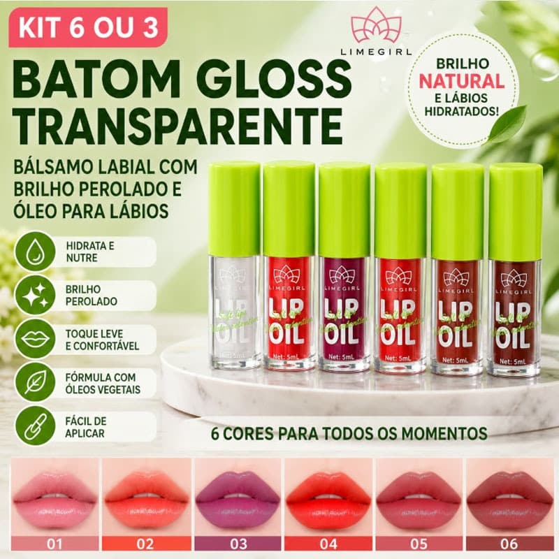 【LIMEGIRL】kit 6 or 3 Batom Gloss Transparente Bálsamo Labial com Brilho Perolado e Óleo para Lábios L-0204