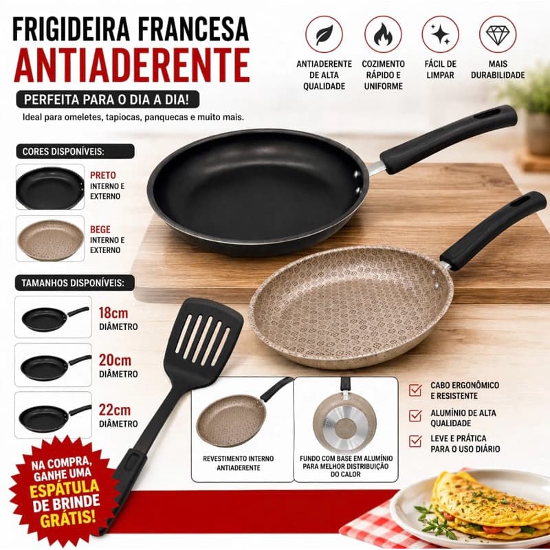 Frigideira Francesa Anti Aderente 5 Camadas de Teflon Omeleteira | Panqueca|14 18 20 22 Cm