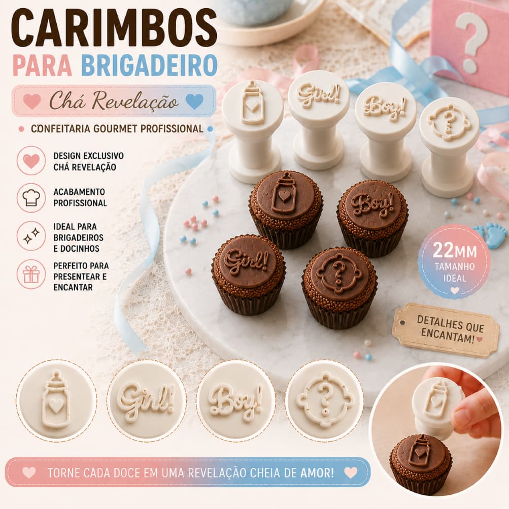 Kit 4 Carimbos Para Brigadeiro Chá Revelação 22mm Confeitaria