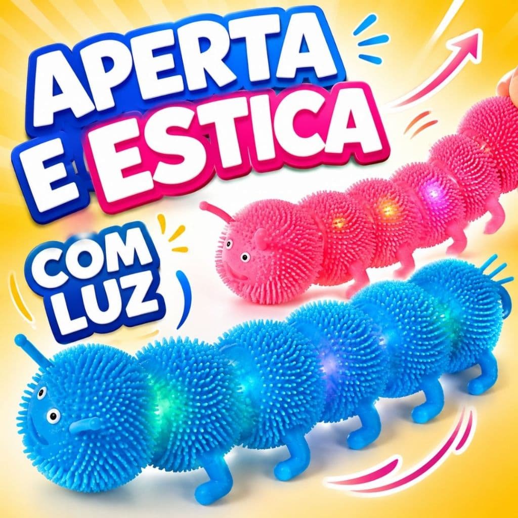 Brinquedo Infantil Centopeia Lagarta Maluca com Luz Apertar Esticar Colorida Antiestresse Fidget Toy