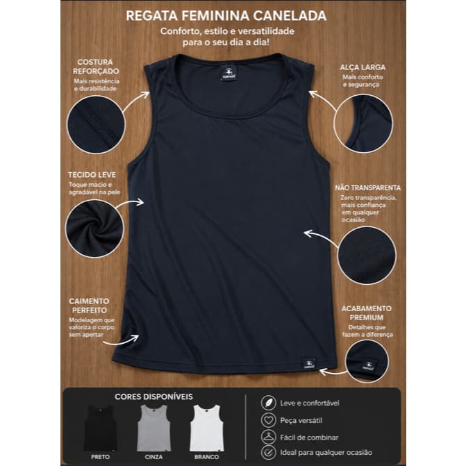 Blusa Regata Feminina Canelada Virginia tendencia moderna versatil