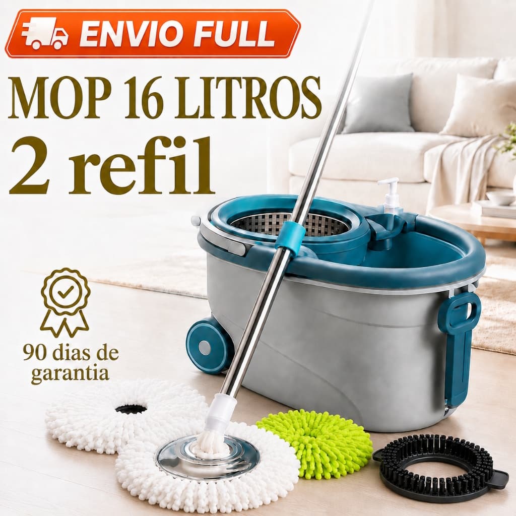 Mop 16 Litros Giratório Limpeza Cesto Inox Cesto Inox Com Rodinhas, Alça Dispenser Cabo Extensivo