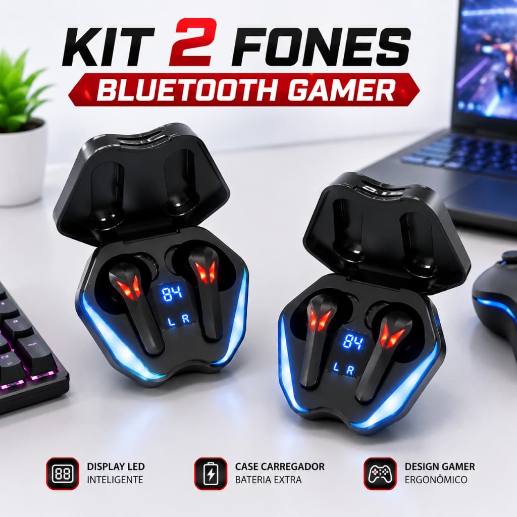 Kit com 2 Fones Bluetooth Gamer TWS Sem Fio com Case Display LED USB-C para Celular Notebook Tablet Música e Jogos