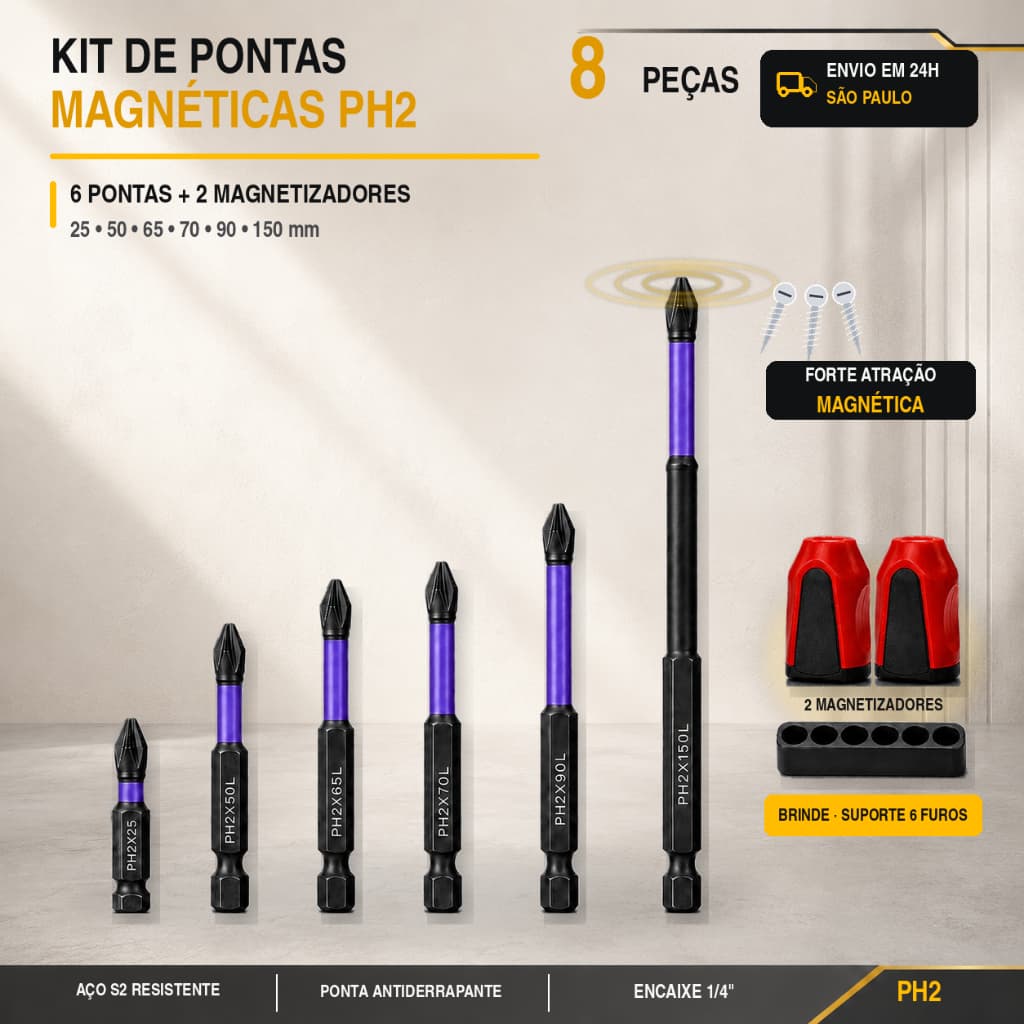 Jogo 6 Ponteiras Philips Magnéticos PH2 de Impacto Anti Derrapante Parafusadeira Bits Cruzado 2 Magnetizadores