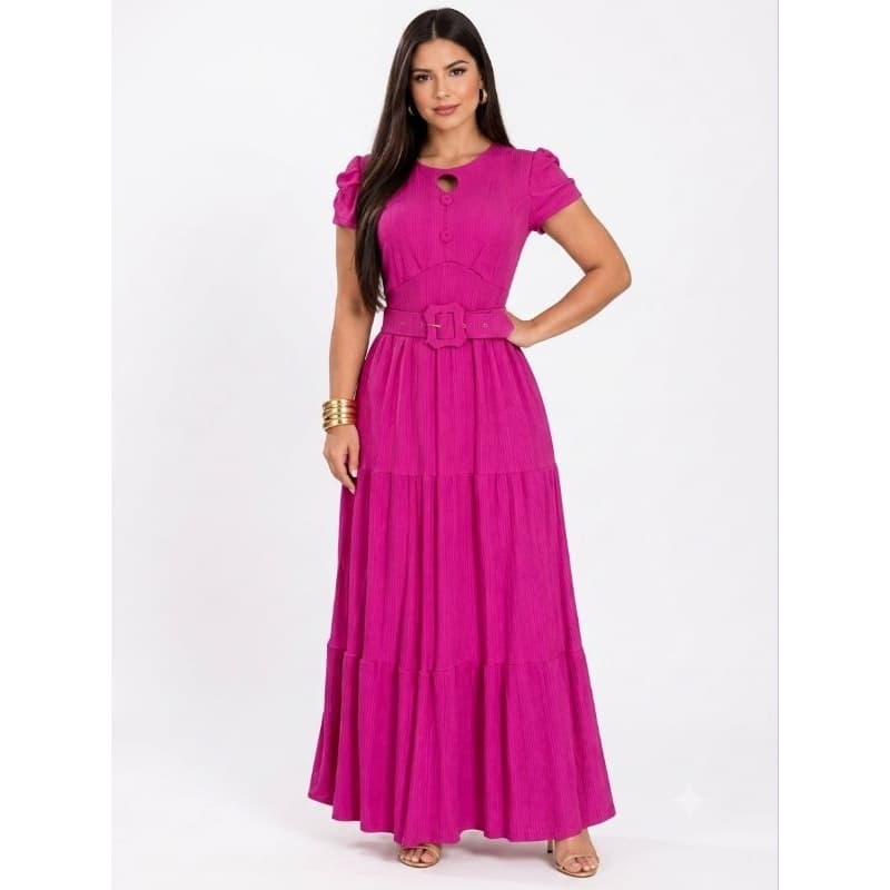 Vestido Longo Diana Canelado Três Marias Com Cinto Moda Evangélica Feminino Elegante 42/44