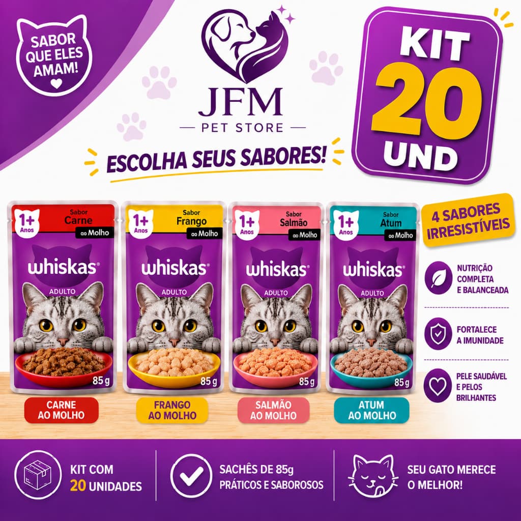 WHISKAS Sachê Gatos Adultos sabor CARNE - FRANGO - SALMAO - ATUM 85g  KIT 20 und