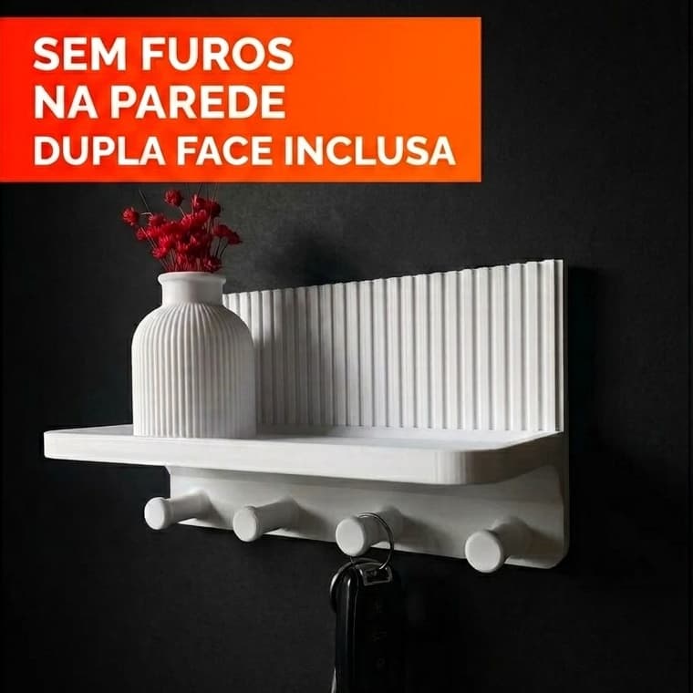 Kit Porta Chaves Parede Com 4 Ganchos + Vaso Canelado Sem Furos Multiuso Organizador Decorativo Casa