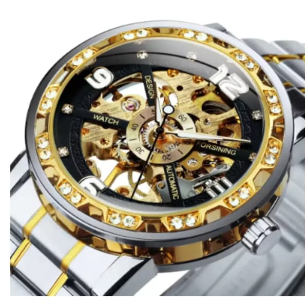 Relógio Masculino Forsining Aço Movimento Luminoso Romanos Amarelo Prateado