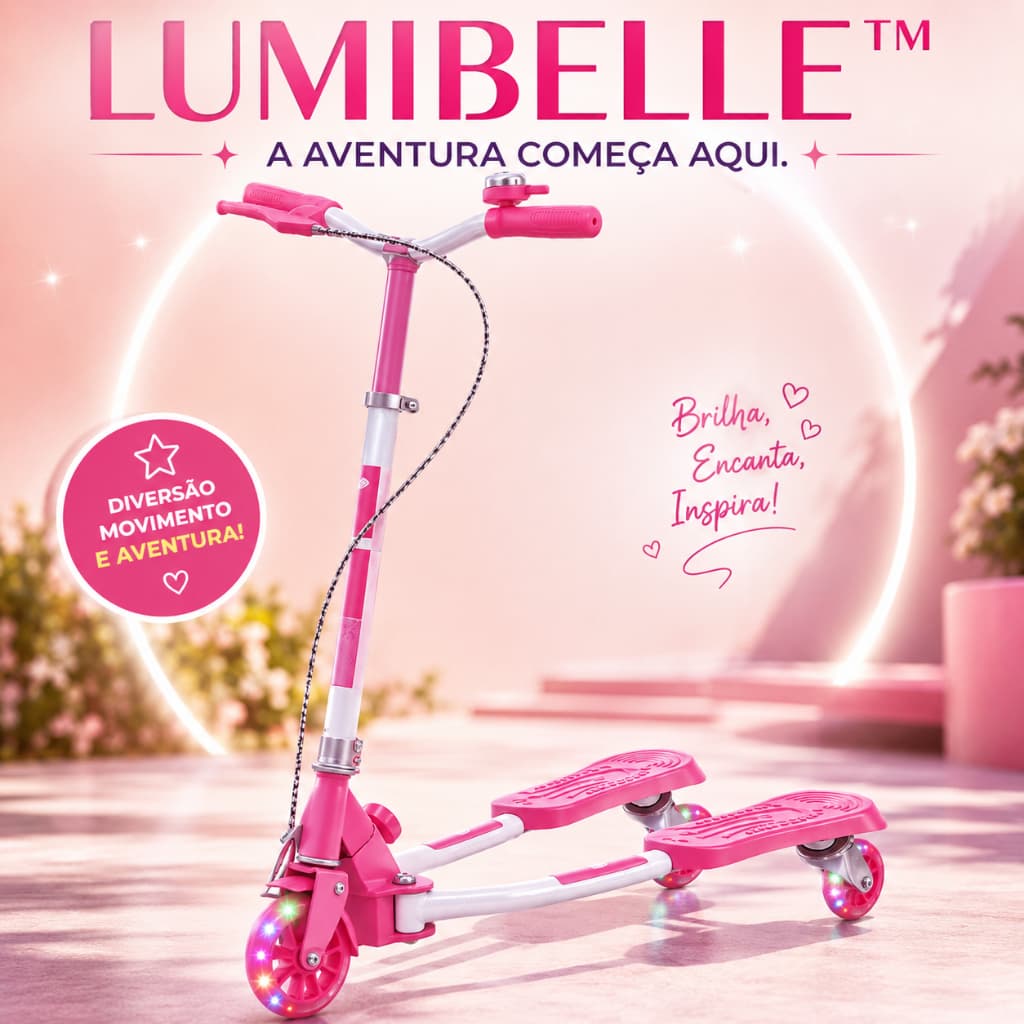 Patinete Infantil 3 Rodas Rosa Dobrável LED LumiBelle™ Crianças Meninas Brinquedo Presente