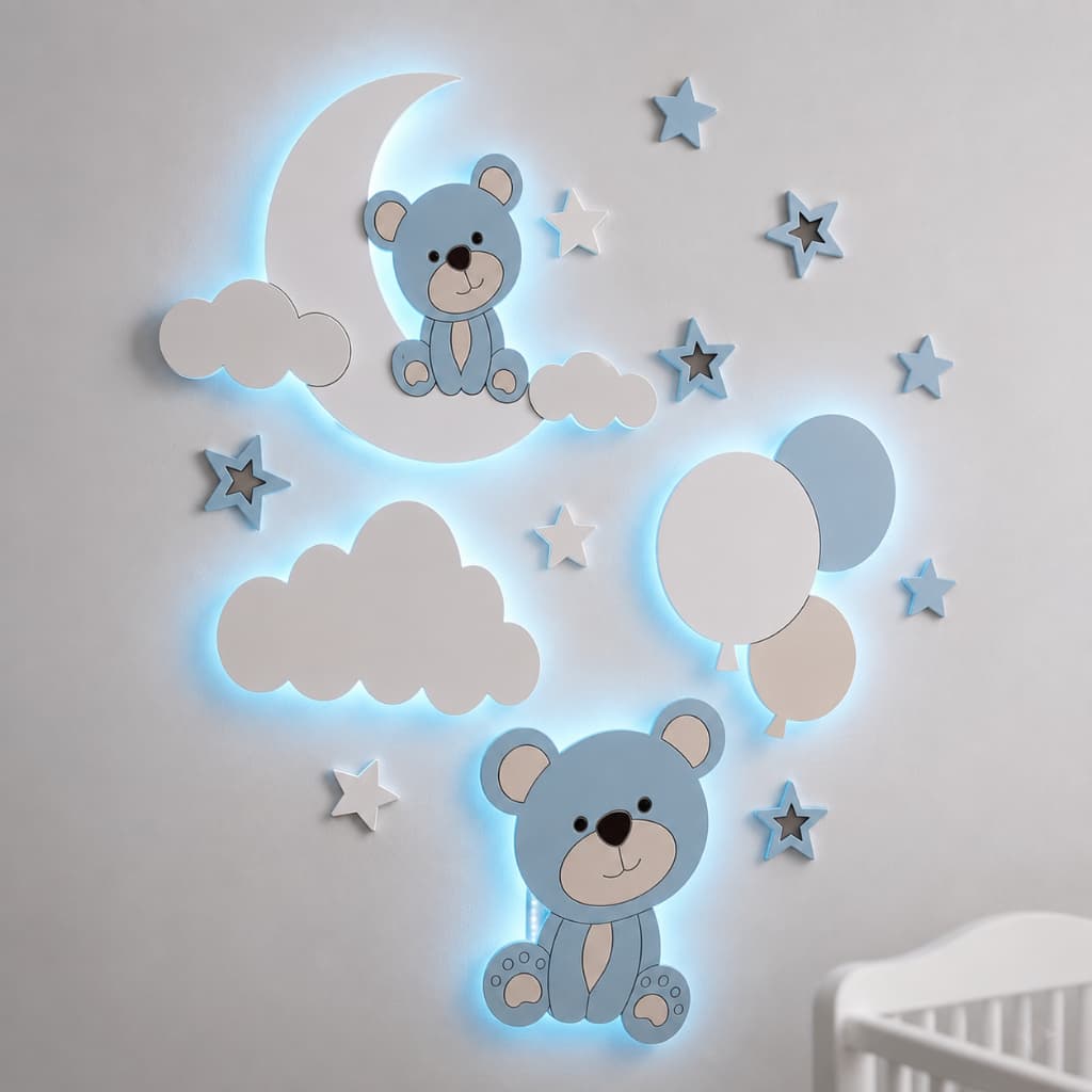 Kit Luminárias Infantil LED Luminária Nuvem Urso Estrelas e Balões Quadro Parede Decoração Quarto Infantil Fio de Fada