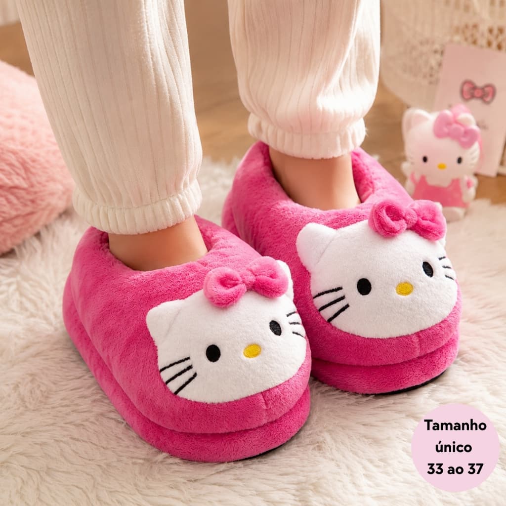 Pantufa Hello Kitty Feminina Rosa Pelucia Macia Sola Antiderrapante Confortavel 33 ao 37 Inverno