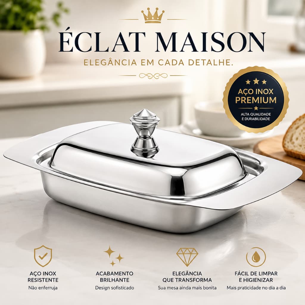 Manteigueira Inox Premium com Tampa | Porta Manteiga Elegante para Mesa Posta, Cozinha e Café da Manhã
