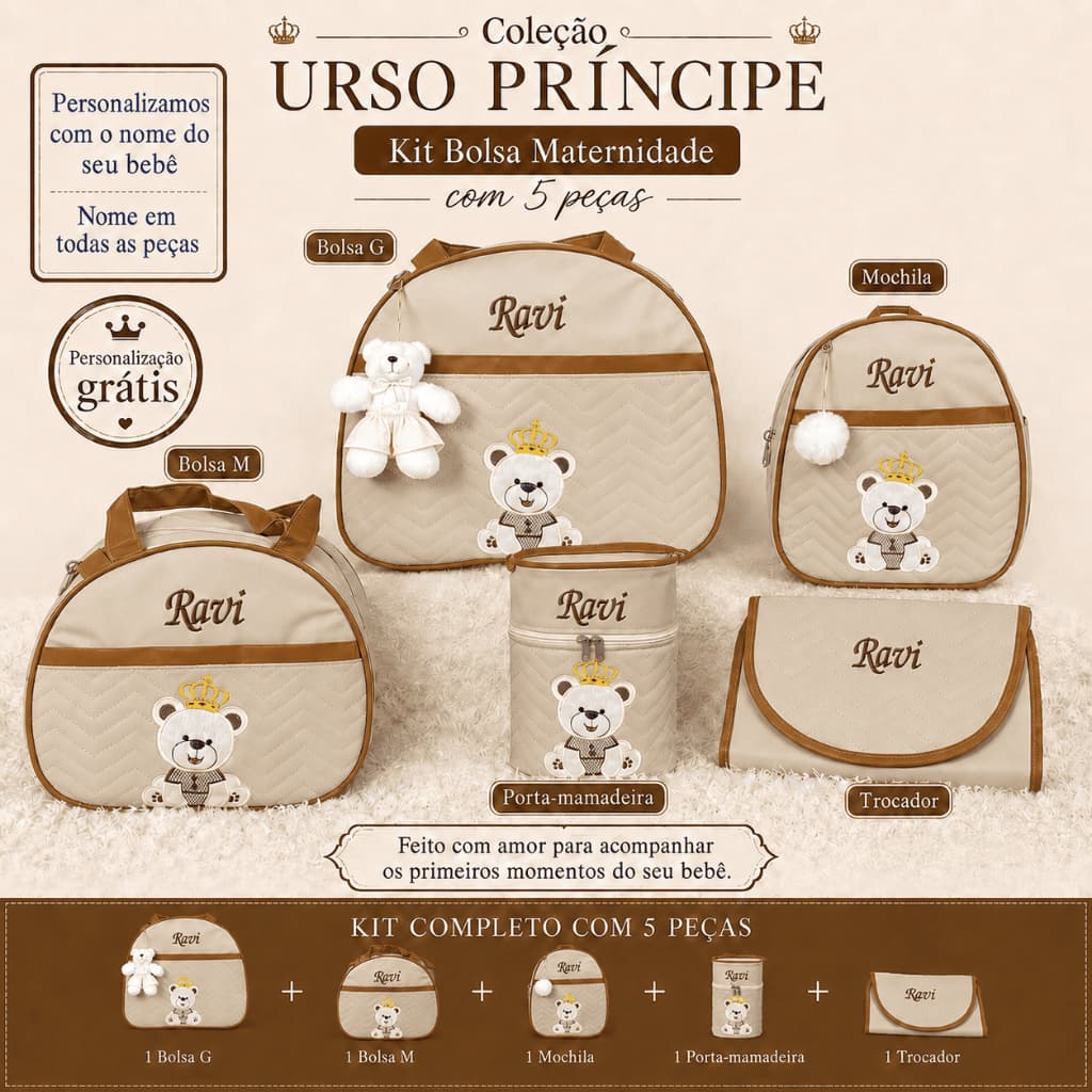 Bolsa Maternidade Ursinho Personalizada com Nome 5 Peças para bebê