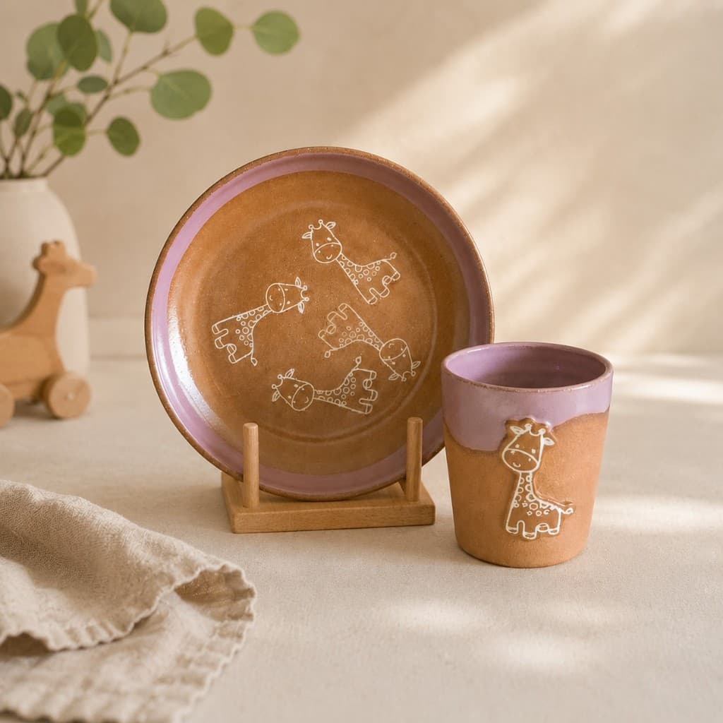 Kit Alimentação Infantil - Girafa - Copo e Prato em Cerâmica Artesanal