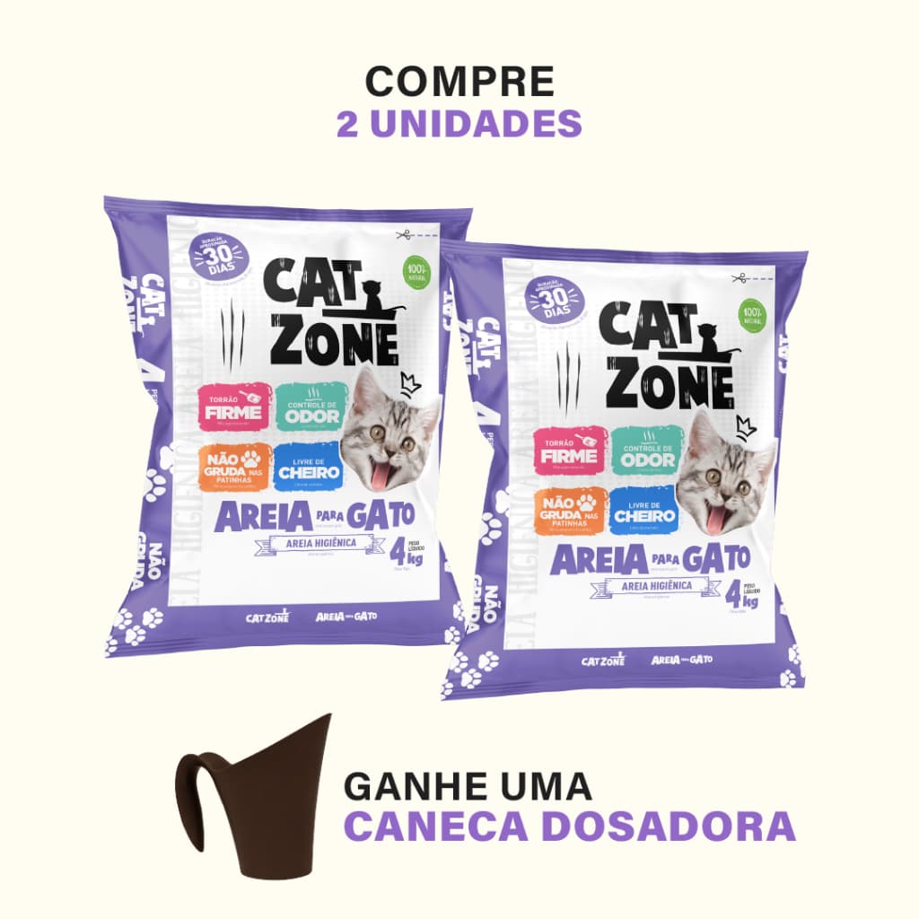 KIT 2 Areia Para Gato Cat Zone - Higiene Sanitária - Torrão Firme - Controle de Odor 4kg