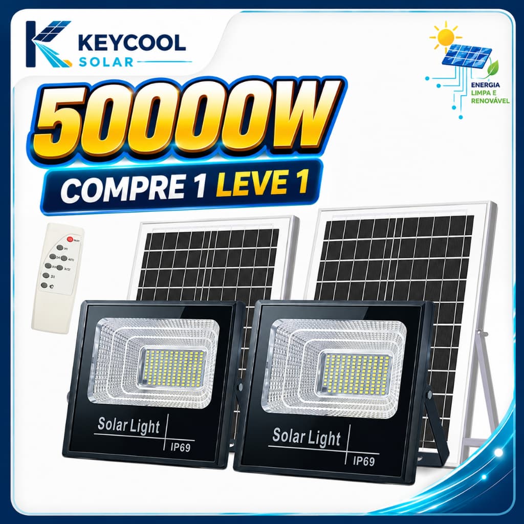 Keycool Refletor Solar LED Externo IP69 com Controle Remoto 20m, Cabo 5m, Timer 2H/4H/6H e Acendimento Automático