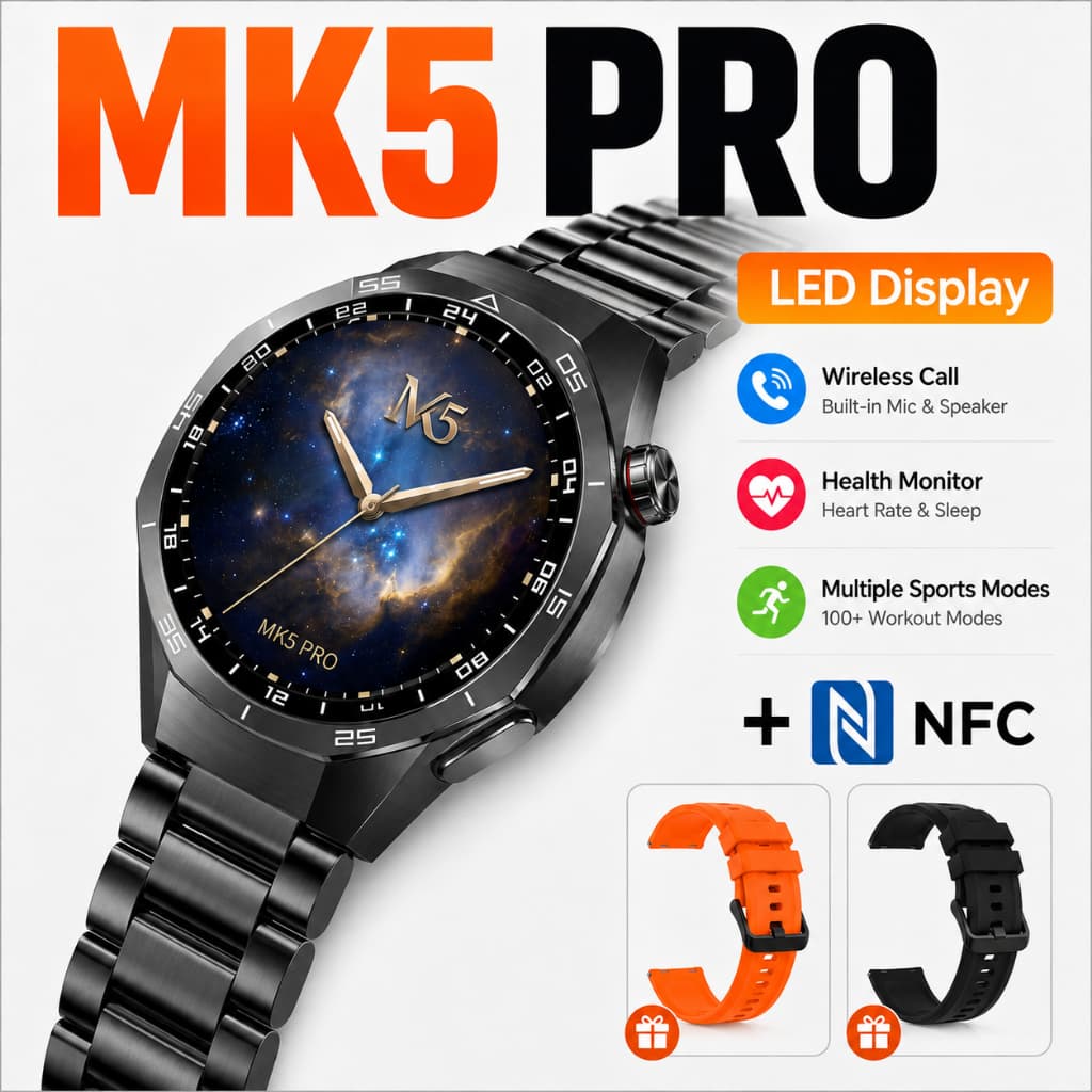Relógio Inteligente MK5 Pro Masculino NFC Chamada Bluetooth Tela HD Monitor Cardíaco Esportivo