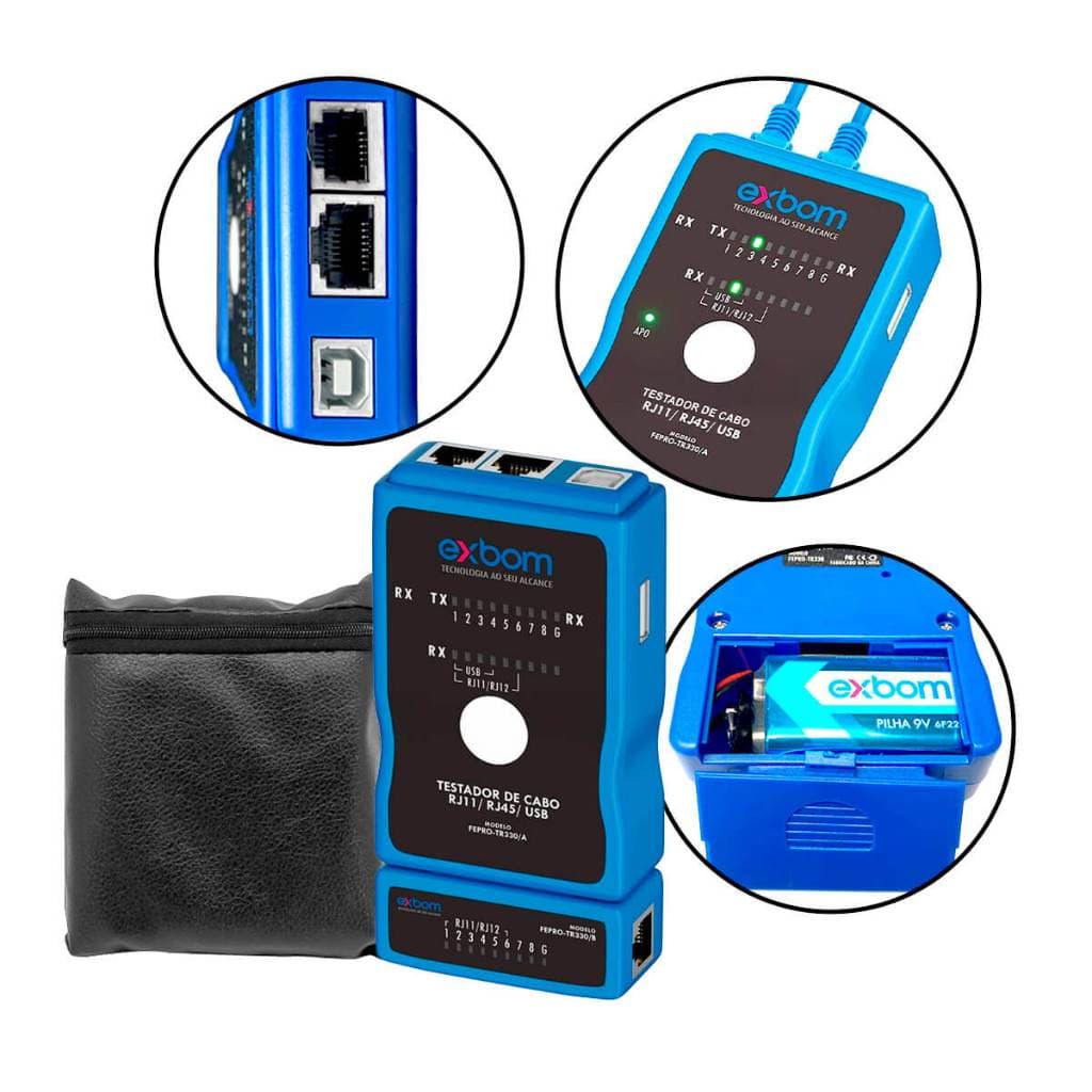 Testador de Cabos 3 em 1 RJ45 RJ11 USB A B com Mapeamento Automático LED para Rede Telefonia e Impressora