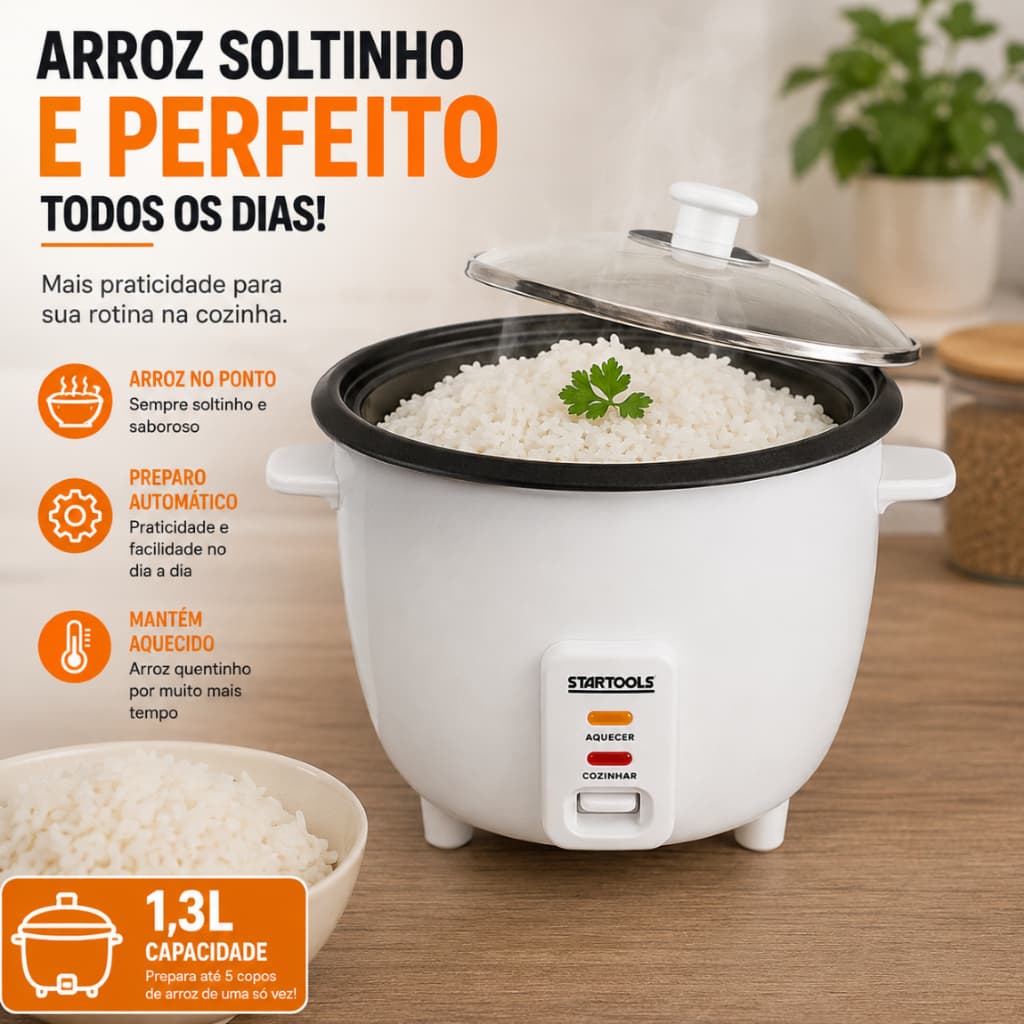 Panela de Arroz Elétrica 1,3L 400W com Bandeja para Vapor 127V Branca