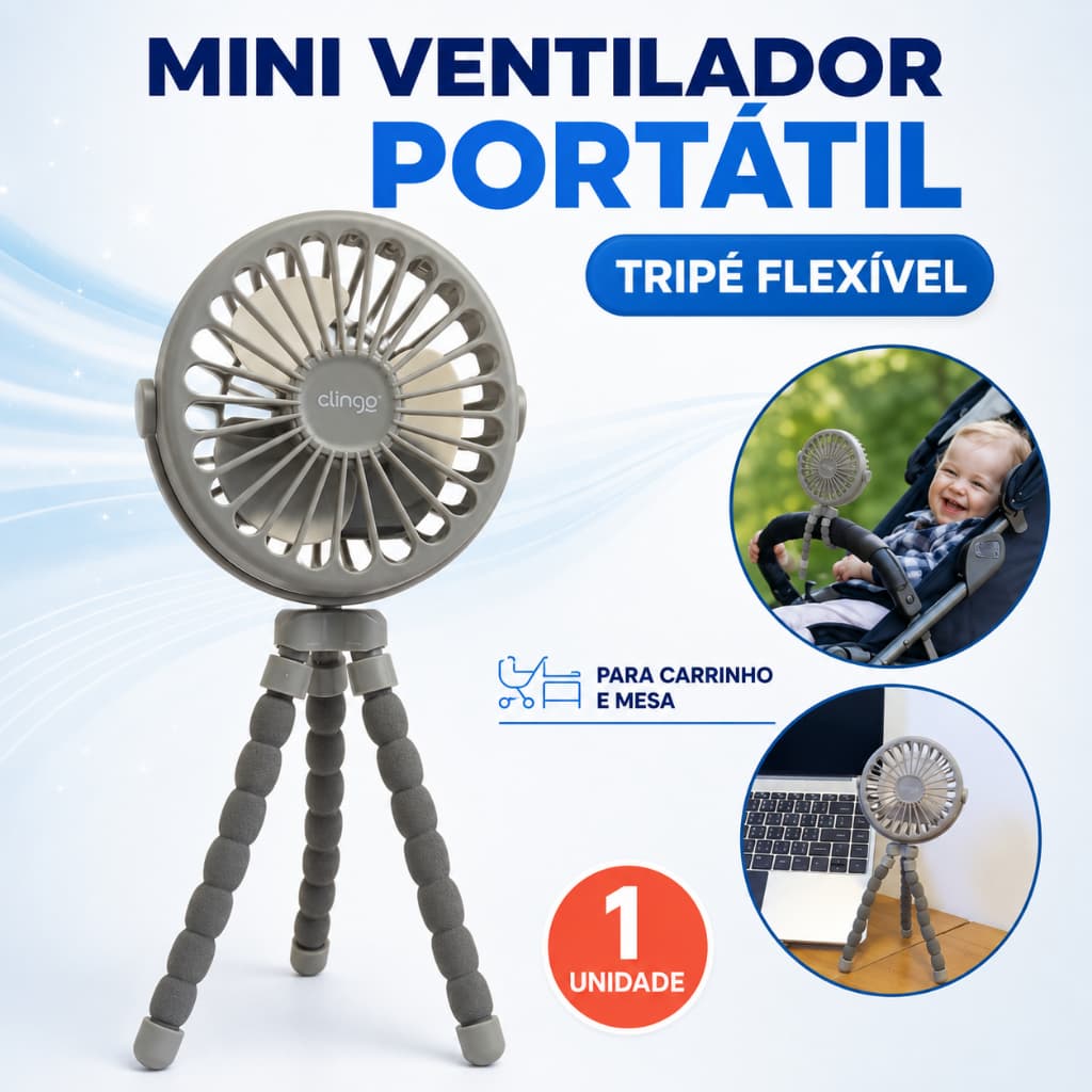 Mini Ventilador Portátil Clingo Articulável para Carrinho e Berço Recarregável