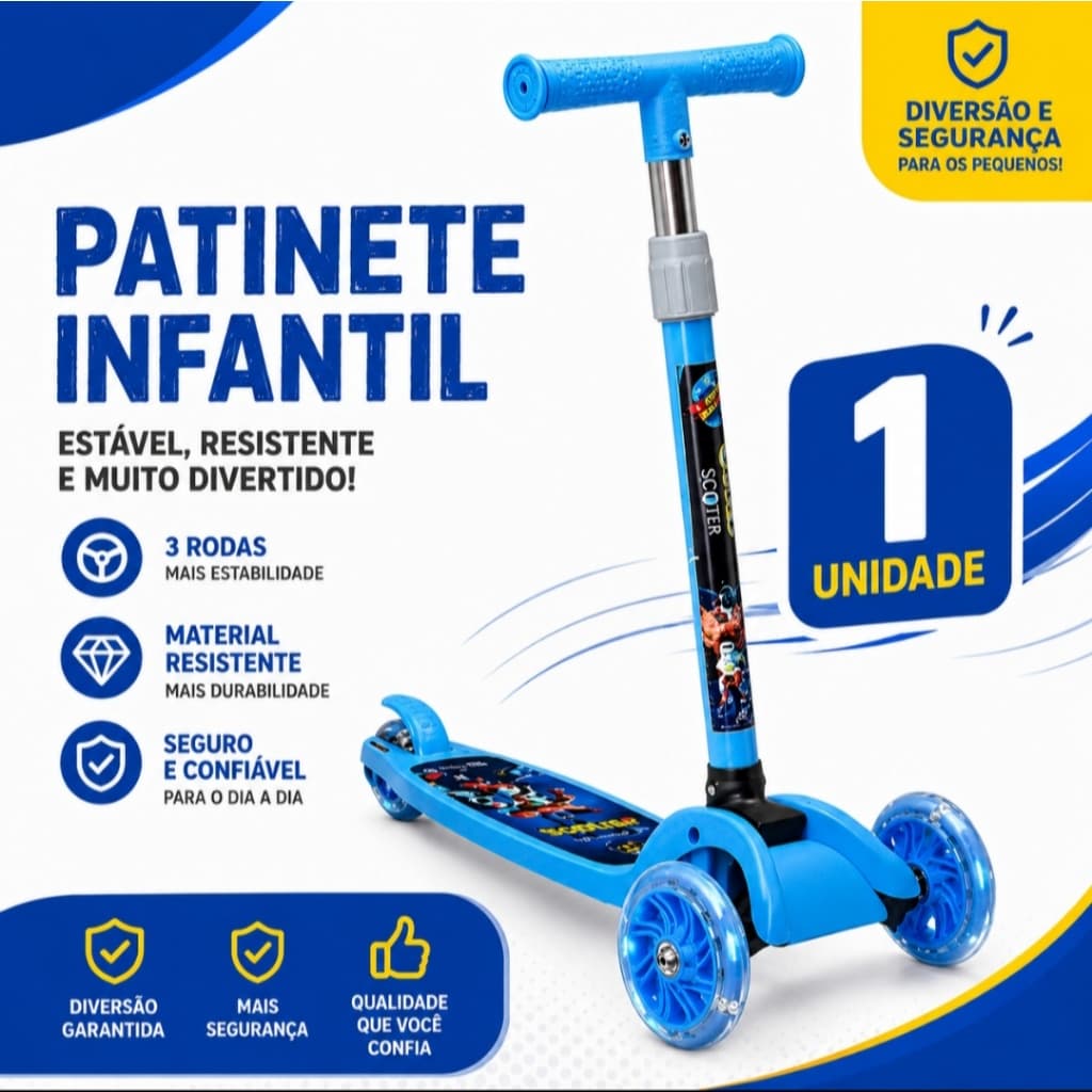 Patinete Menino Led Dobrável Azul Infantil C/3 Rodas Com - Azul