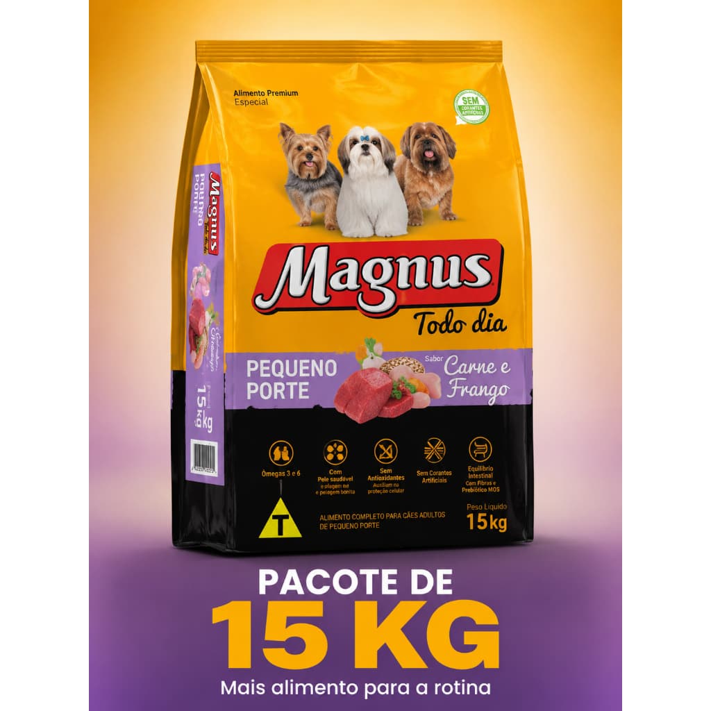 Ração Magnus Todo Dia Cães Adultos Pequeno Porte Carne e Frango Premium Especial 15kg Ração Seca Completa para Cachorros