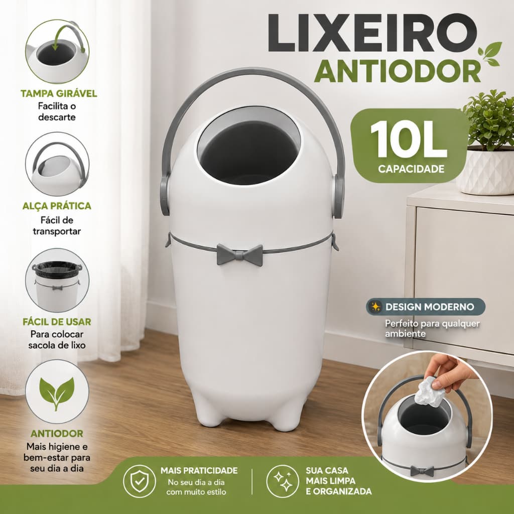 Lixeira Antiodor Para Fralda Bebê Lixo Mágico10l Para Quarto Bebe Banheiro Com Tampa Girável Branca