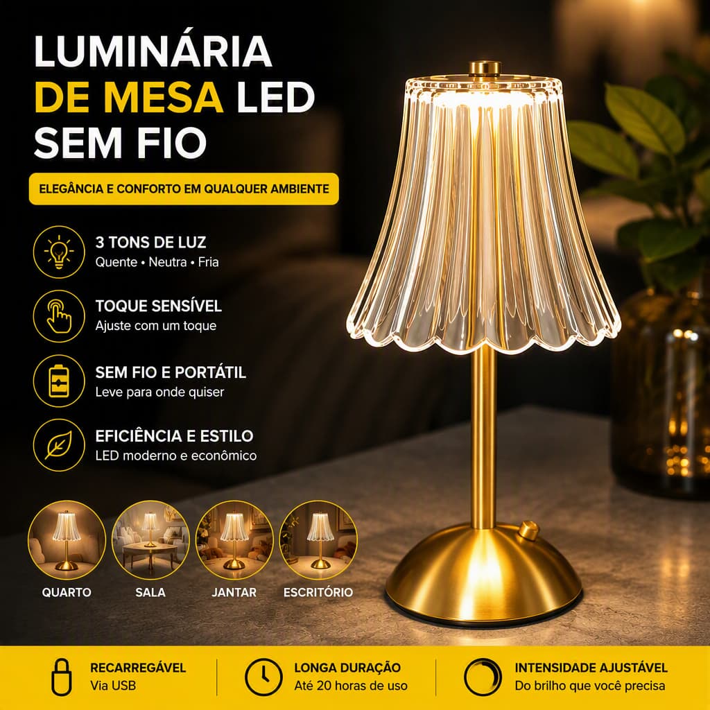 abajur quarto LED Recarregável Touch 3 Tons decoração sala luxo abajur de cabeceira decoração fofa Base Dourada