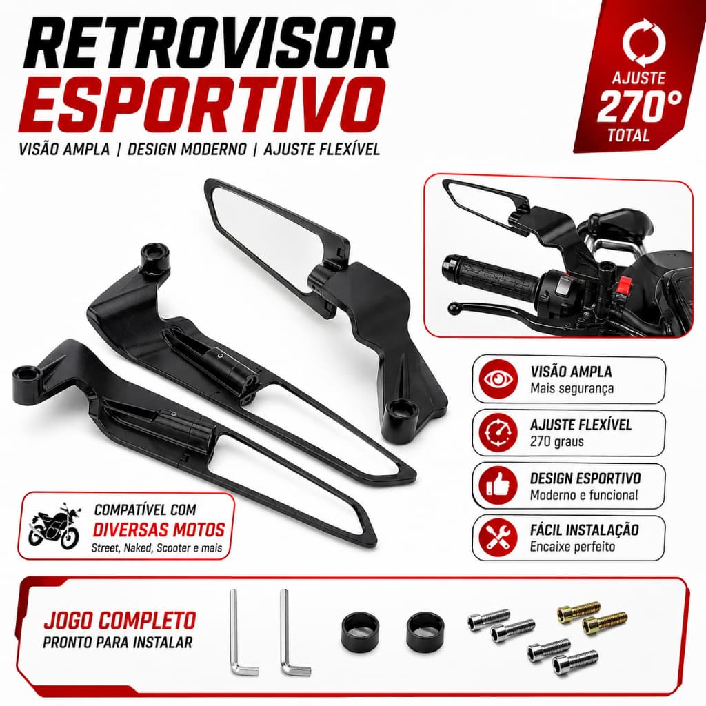 Espelho Retrovisor Moto Esportivo Universal Asa Fixa Airfoil Par Retrovisor Lateral Giratório para Honda Yamaha Kawasaki
