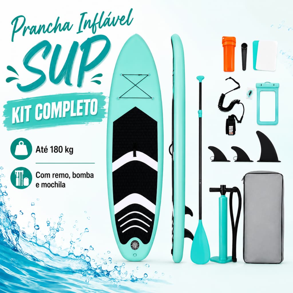 Prancha Stand Up Paddle Inflável SUP 325x76x15cm Até 180kg Kit Completo com Remo Bomba Mochila e Acessórios