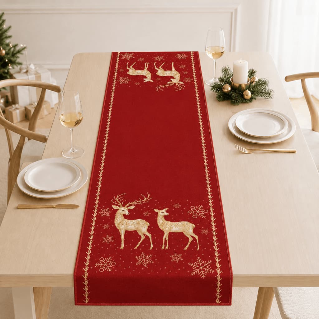 Kit Caminho De Mesa Natalino 1,45x0,45 Estampa Digital com Rena Decoração Natal Ceia Mesa Posta