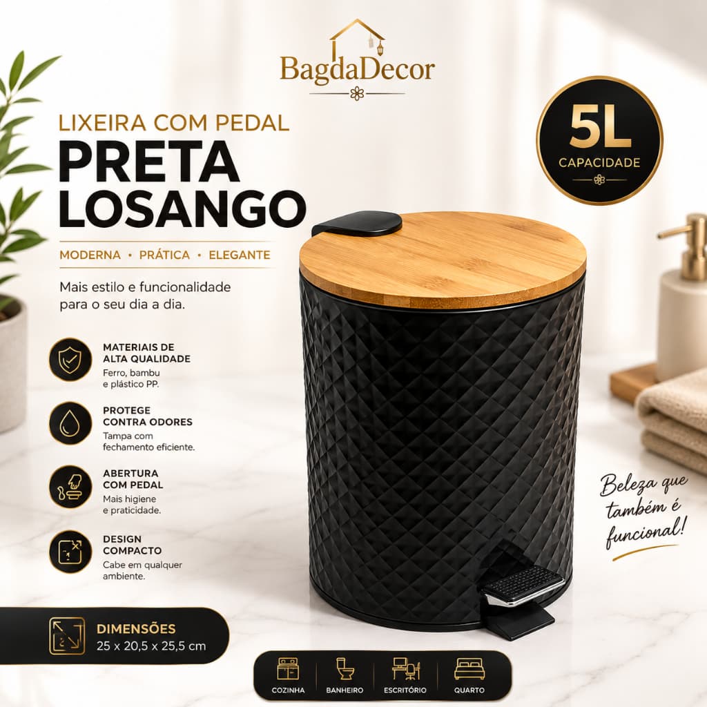 Lixeira 5 Litros Preta Losango com Pedal Tampa de Bambu Ferro e PP para Banheiro Cozinha Escritório