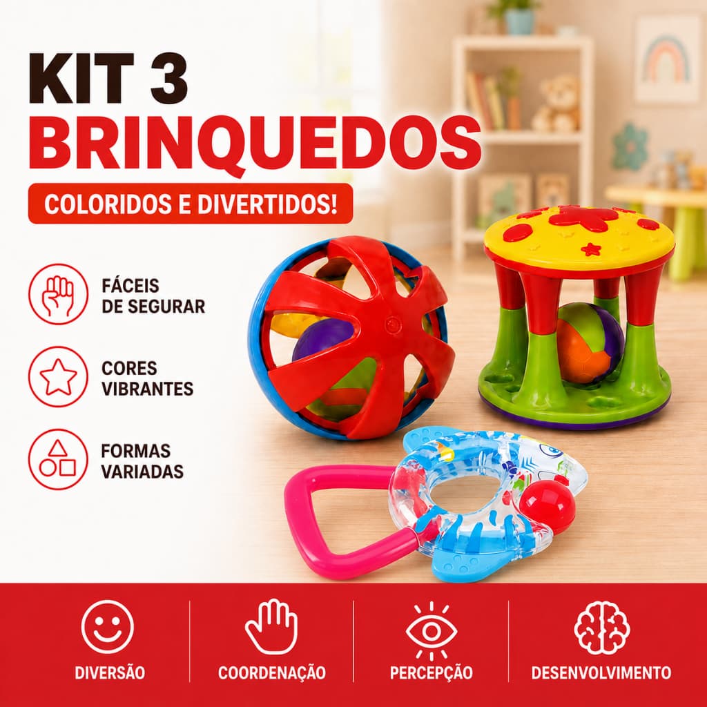 Kit 3 Brinquedos Infantis Coloridos com Chocalho Peixe Bolinha e Torre para Coordenação Motora Peixinho Pedagógico