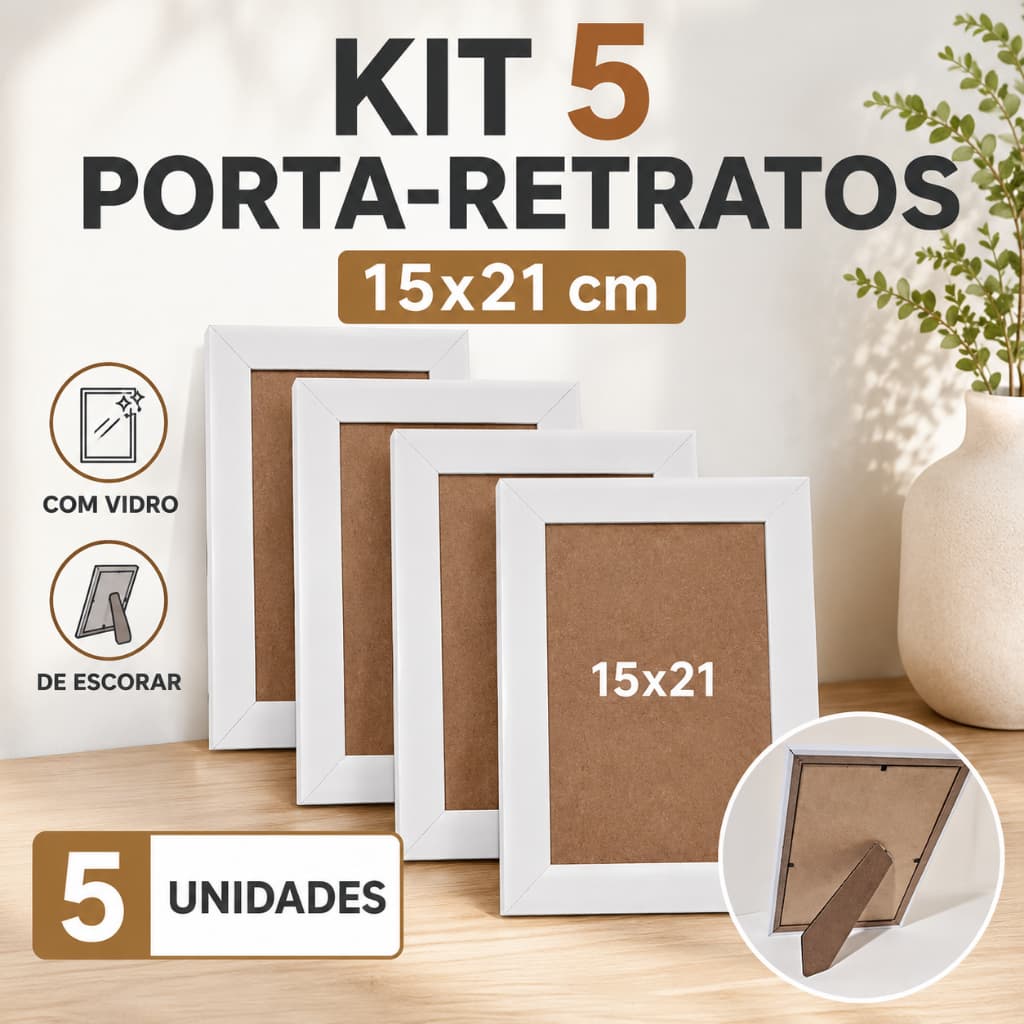 Kit com 5 Porta-Retratos 15x21 cm Nas Cores Preta, Branca e Palha com Vidro para Fotos e Decoração, Molduras em MDF