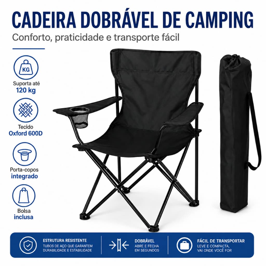 Cadeira Dobrável com Porta Copos Pesca Praia Acampamento com Bolsa