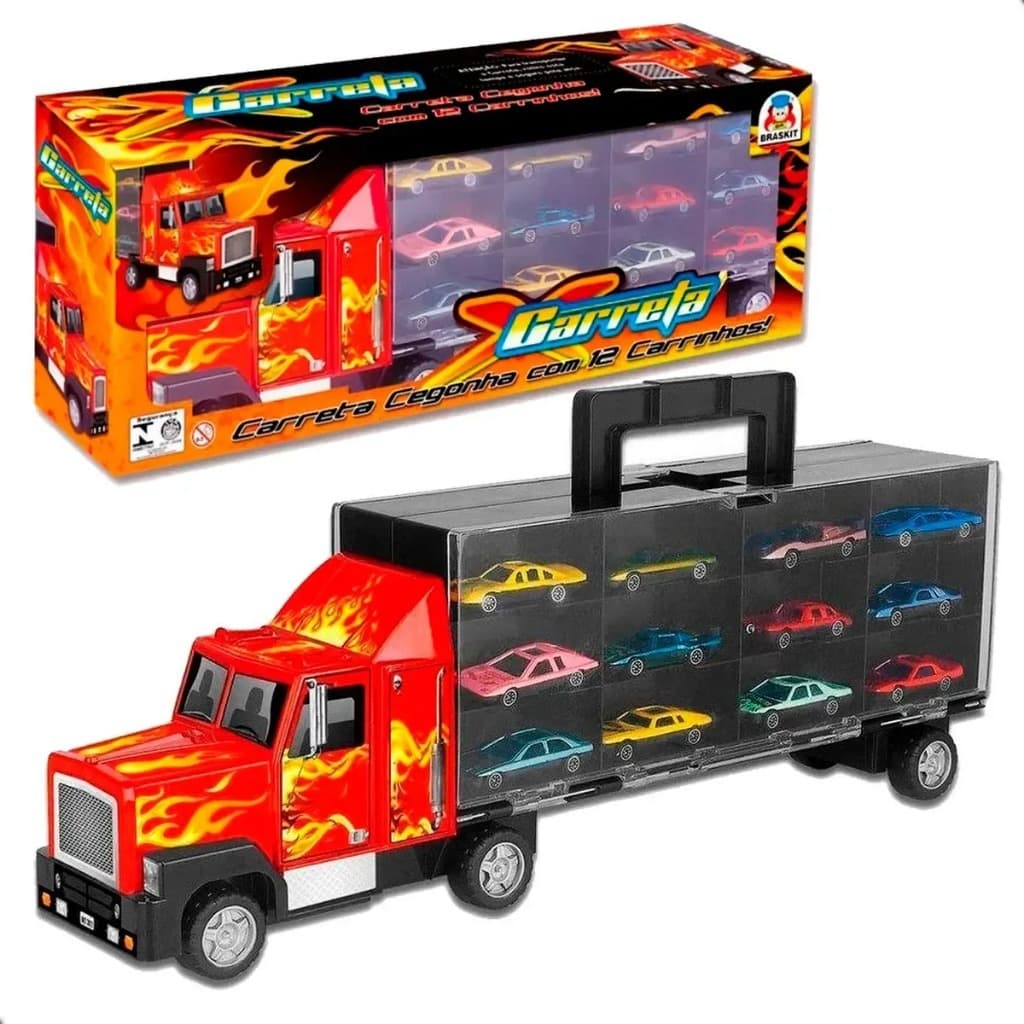 Carreta Cegonha Infantil Maleta Com 12 Carrinhos de Metal Braskit Estilo Hot Wheels Caminhão Criança