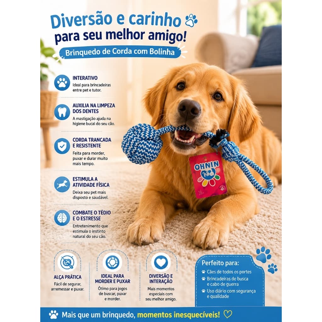 Brinquedo Corda Nó Bolinha Cães 30cm Resistente Interativo Morder Puxar Brincar Pet Ninho