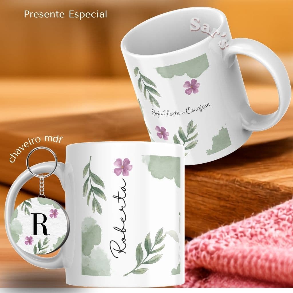 Caneca Personalizada 325ml / Seja Forte e Corajosa  +chaveiro MDF + caixa coração/ Xícara Porcelana
