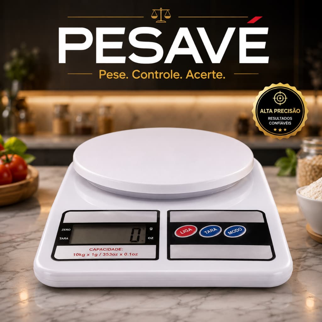 Balança Digital de Cozinha PESAVE 10kg Alta Precisão LCD para Alimentos Receitas e Pesagem