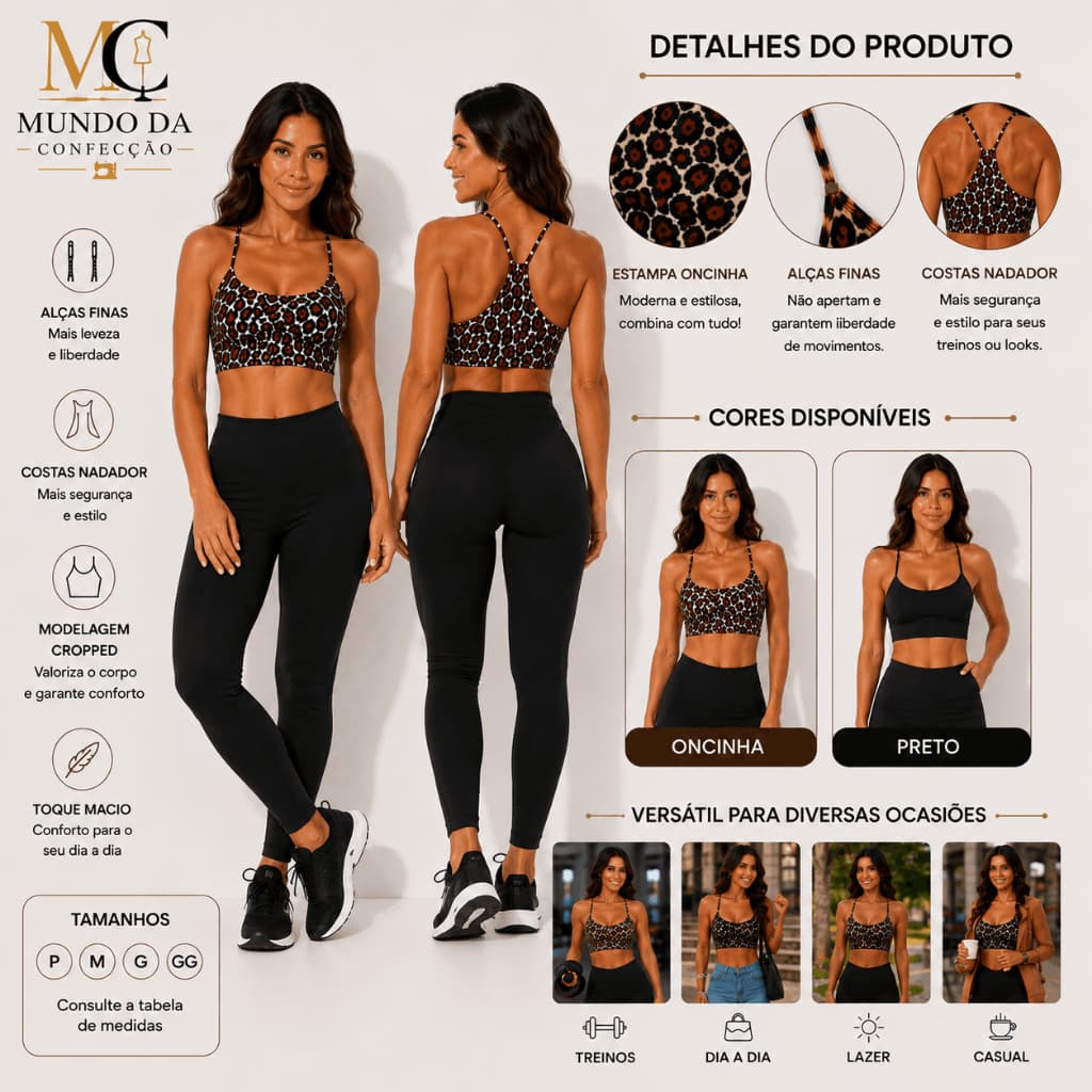 Top Academia Alcinha Fitness Preto ou Oncinha - Zero Transparência - Suplex Power - Top Fitness