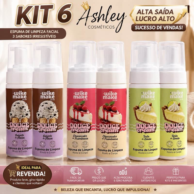 Kit 6 Espuma de Limpeza Facial e Corporal Wike Make 100ml – 3 Fragrâncias Sortidas – Ideal para Revenda
