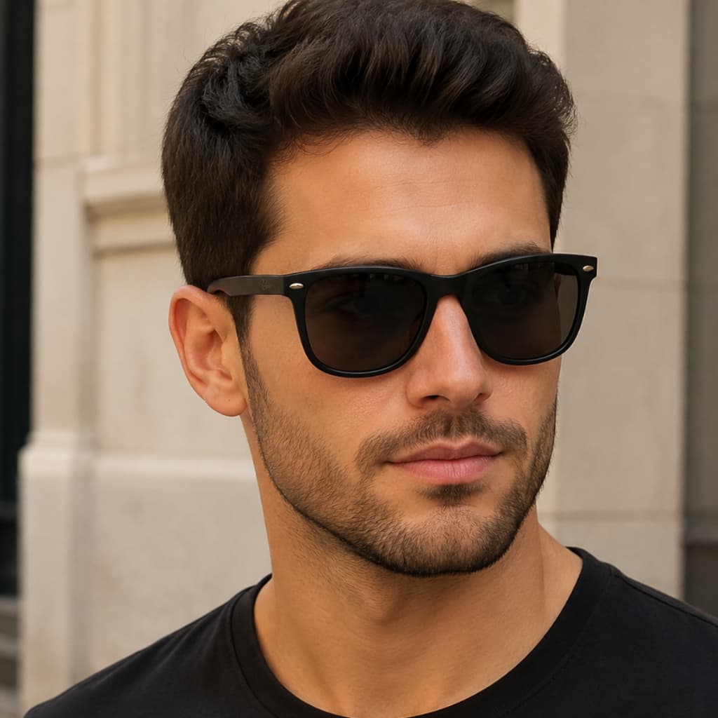 Óculos de Sol Preto Quadrado Masculino Premium Estilo UV400 Acetato Metal Moderno