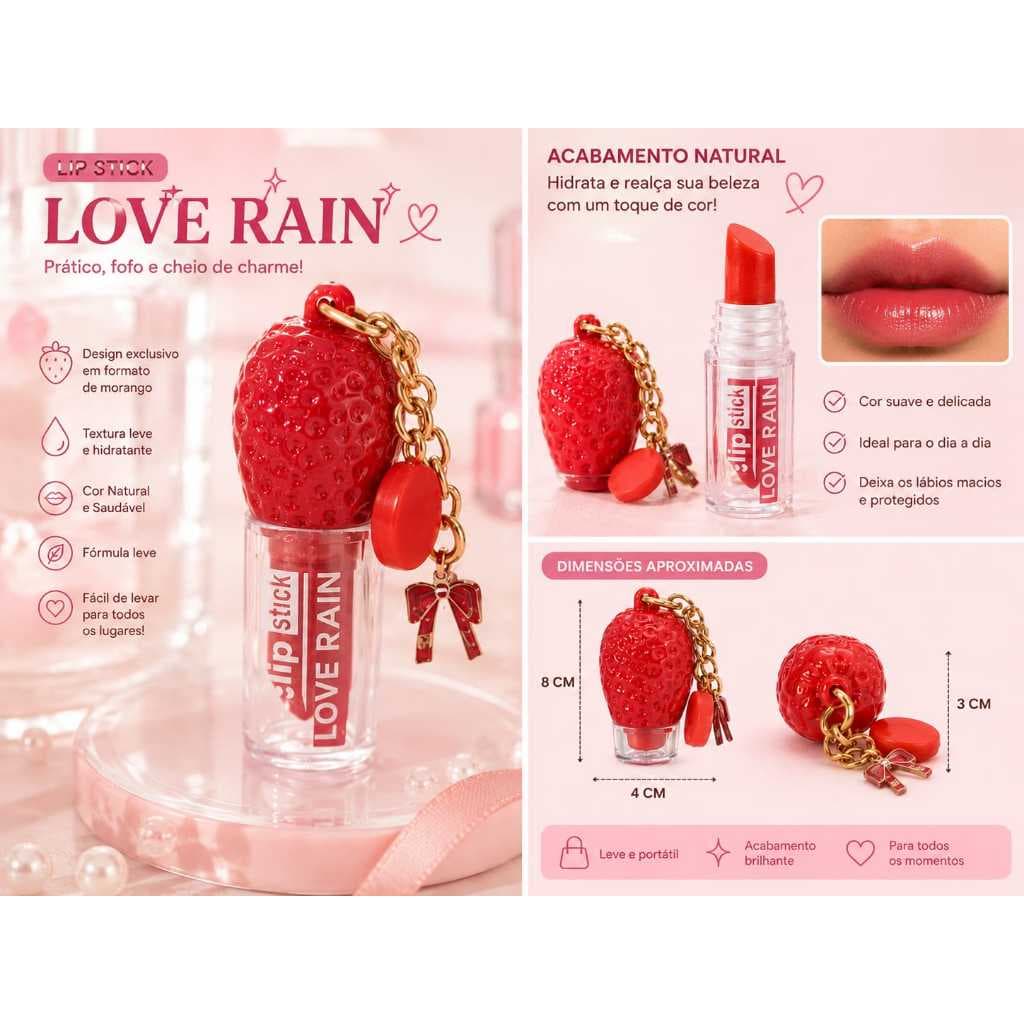 Batom Lip Stick Love Rain Morango – Hidratante com Cor