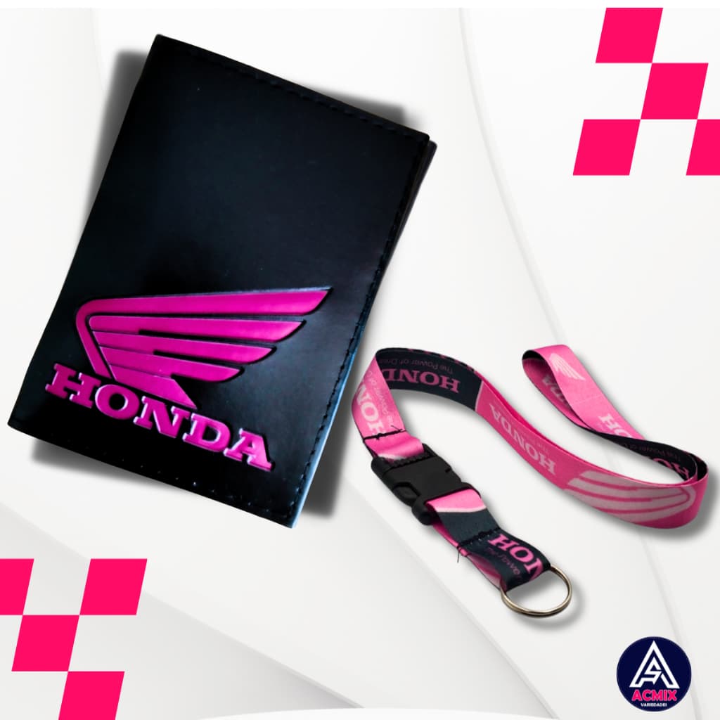 Carteira Porta Documentos Moto Honda Pink + Cordão Pescoço Engate Rápido Honda Pink