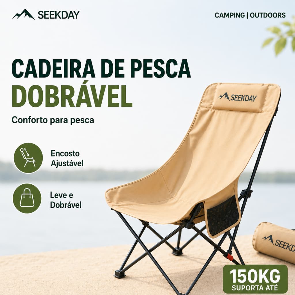 SEEKDAY Cadeira de Camping Reclinável 3 Posições Dobrável Portátil Reforçada 150kg Cadeira de Pesca com Bolso Lateral