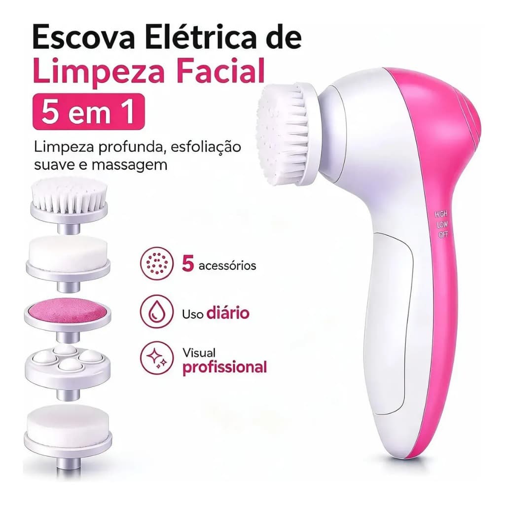 Escova Facial Elétrica 5 em 1 Portátil | Esfoliante, Massageador e Limpeza Facial