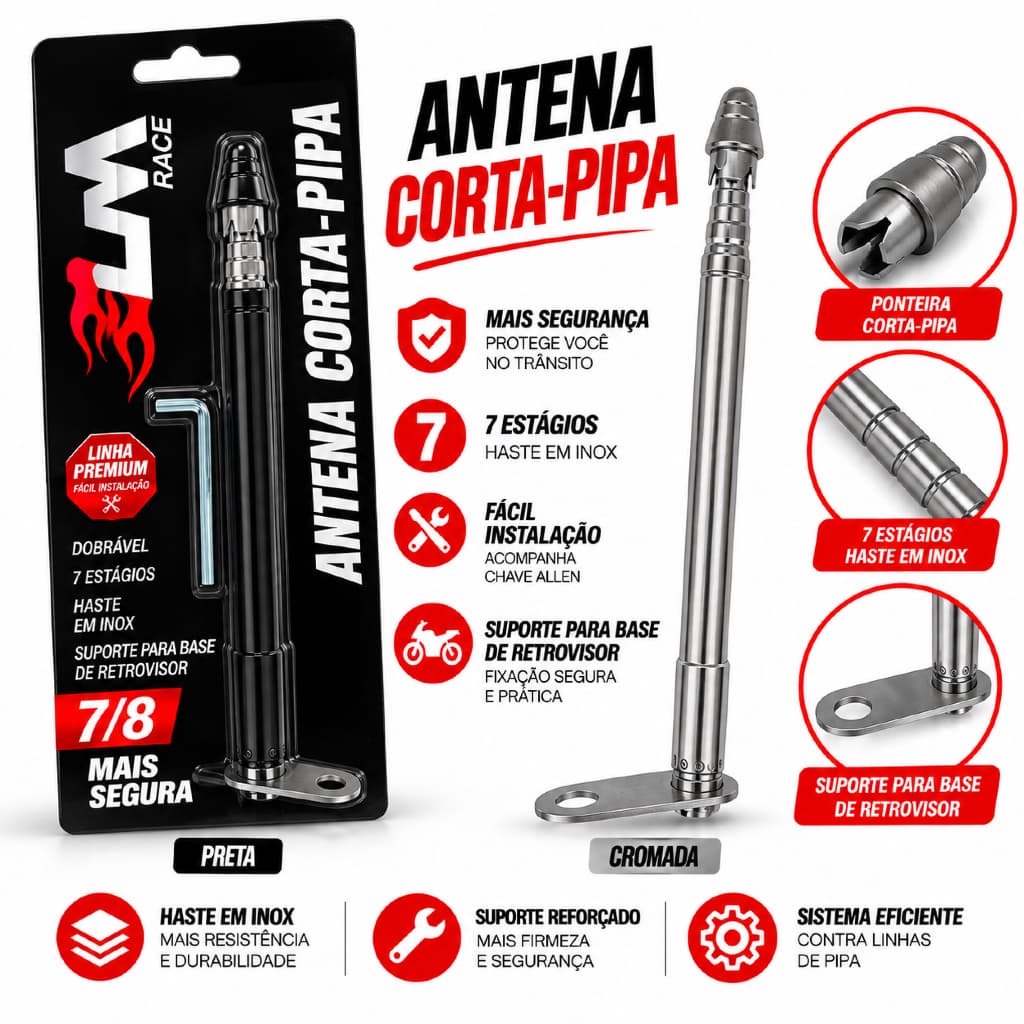 Antena Corta Pipa para Retrovisor Moto Retrátil com 7 estágios Anti Cerol Haste Inox